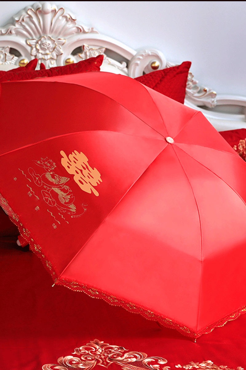 结婚红伞折叠娘家新娘出门用的出嫁蕾丝复古创意礼盒