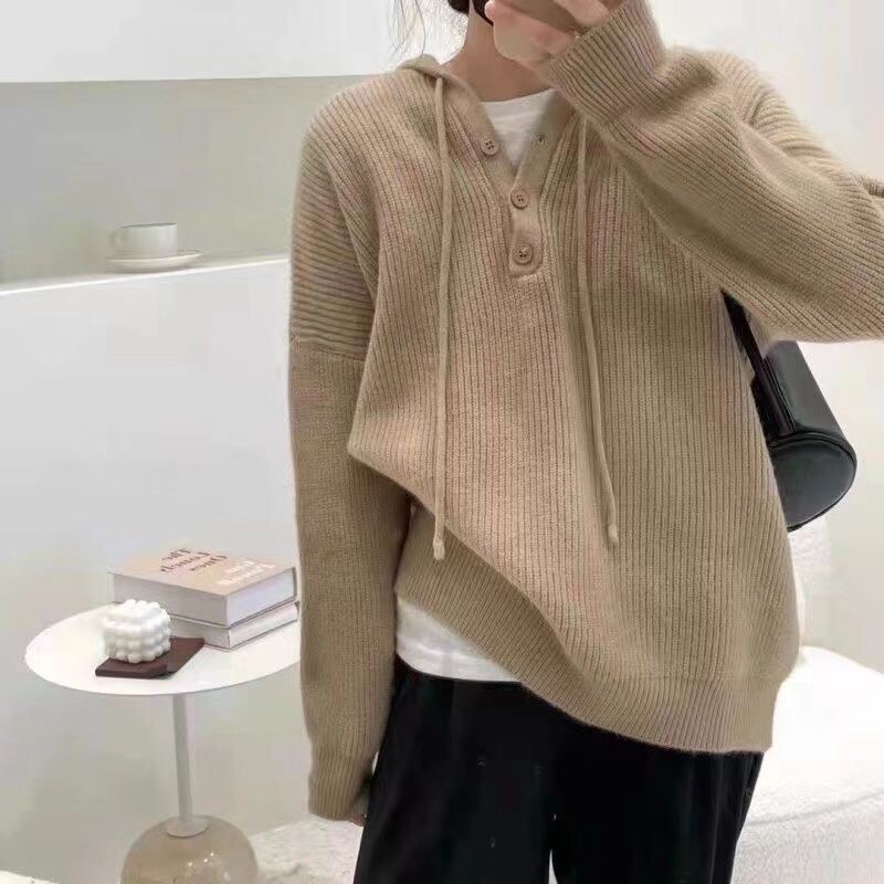连帽毛衣女套头2022秋冬季色宽松长袖针织打底衫内搭上衣