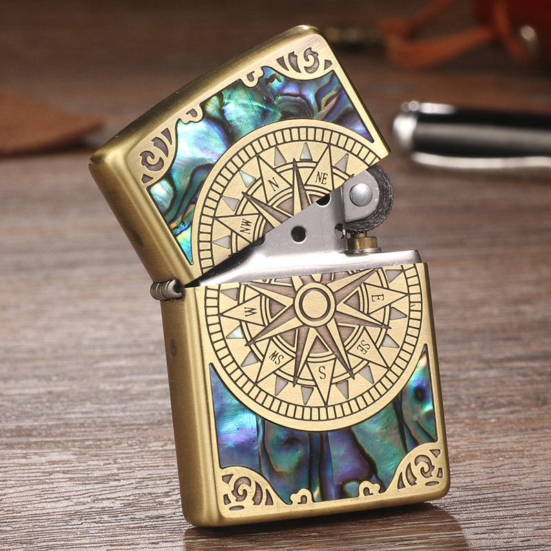 zippo打火机正版双面贝壳防风罗盘