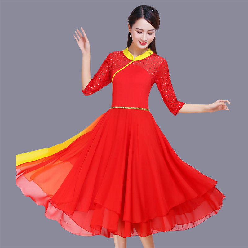 舞蹈广场舞现代现代舞连衣裙中老年时尚中长大摆裙女广场舞连衣裙