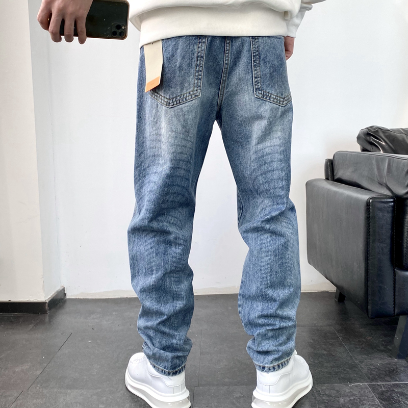 背面印花牛仔裤男直筒宽松阔腿裤个性破洞猫须乞丐裤春夏潮流裤子