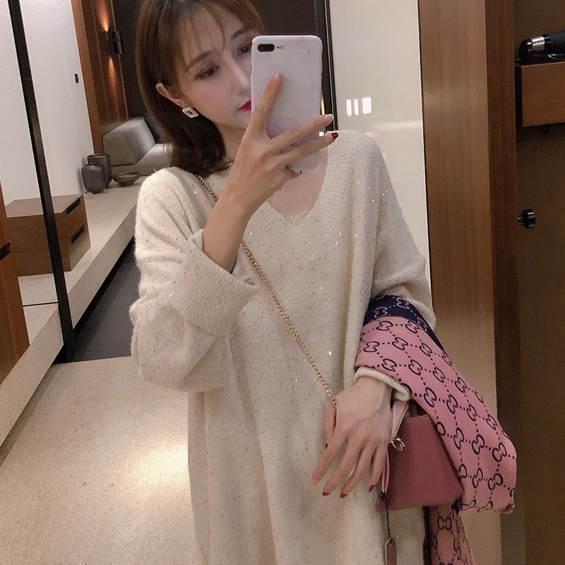 秋冬2021新款纯色V领毛衣女亮片慵懒风宽松百搭中长款针织衫上衣