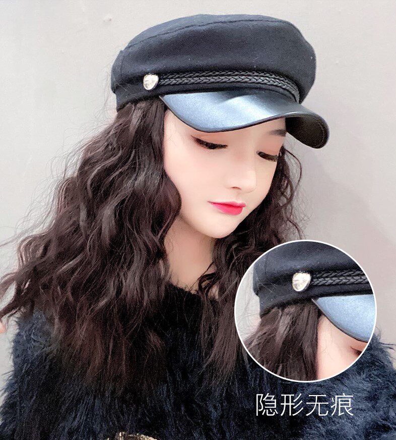 假发秋冬长发网红海军帽子一体时尚羊毛卷头套日常整顶假发