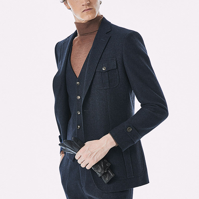 西服男士猎装套装深蓝色羊毛礼服正装新郎结婚西服套装