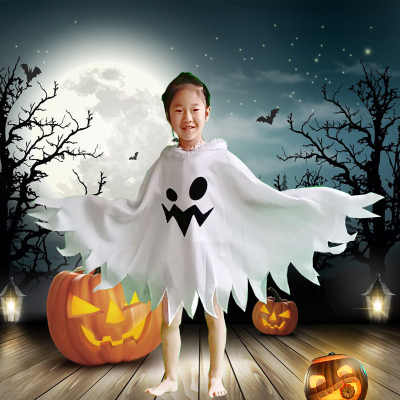 万圣节儿童服装女童幽灵衣服男童幼儿园披风风斗篷白服饰