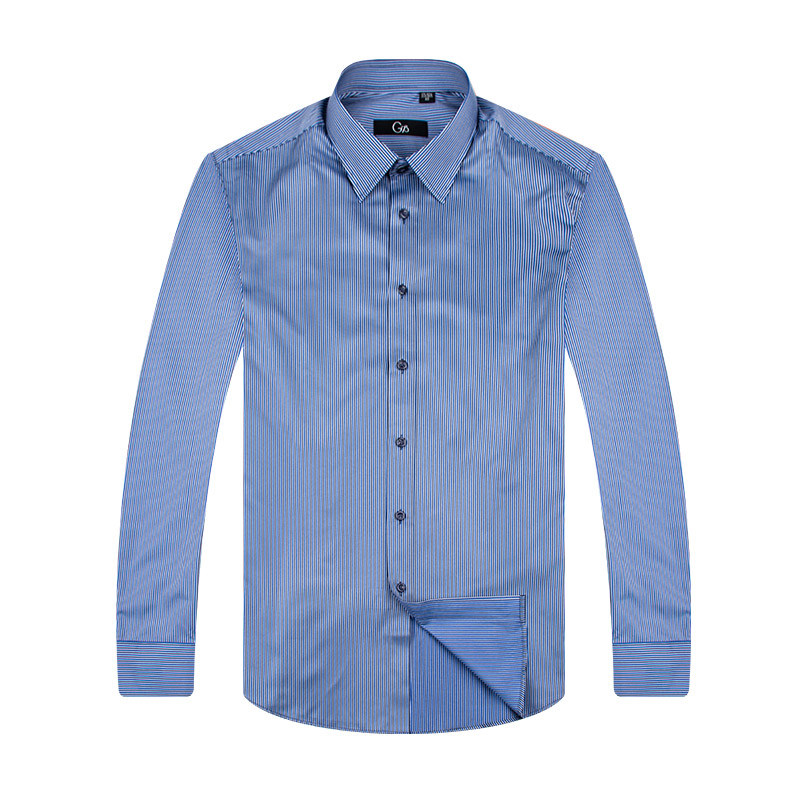 乔治白衬衫棉混纺丝光tc长袖上衣蓝色商务条纹男士时尚修身款衬衣