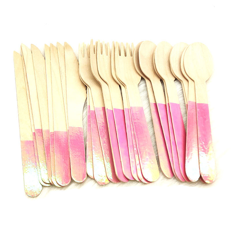 彩虹镭射粉色刀叉野餐西餐一次性叉子woodendisposable节日装扮用品