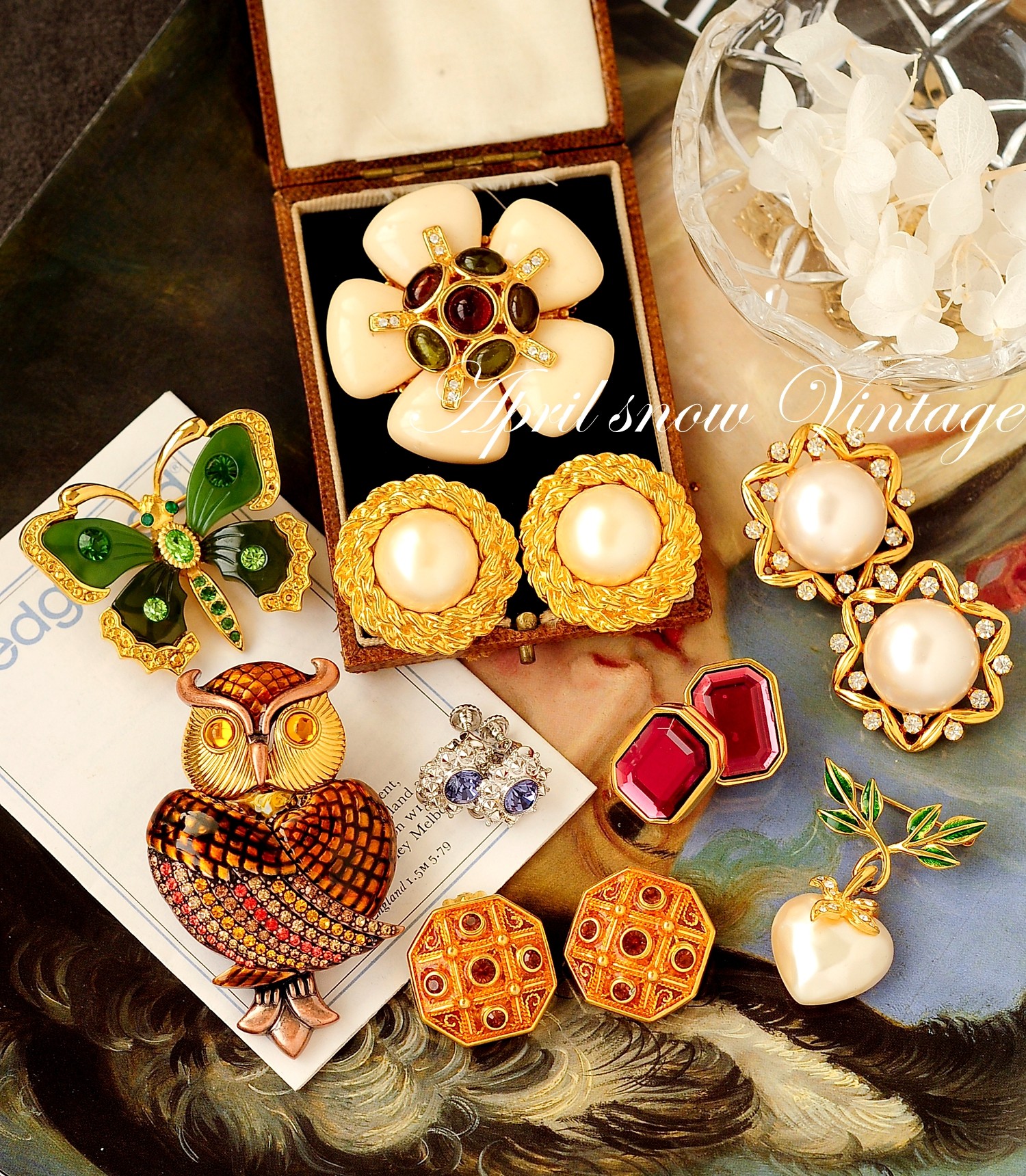 joanriversvintage欧洲古董设计师款彩宝猫猫头鹰胸针胸针