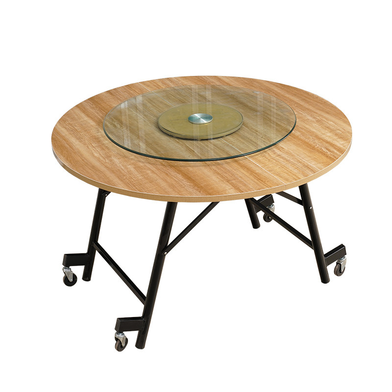 酒店实木可折叠餐桌玻璃转盘圆桌钢化玻璃旋转大圆桌组合10人家用