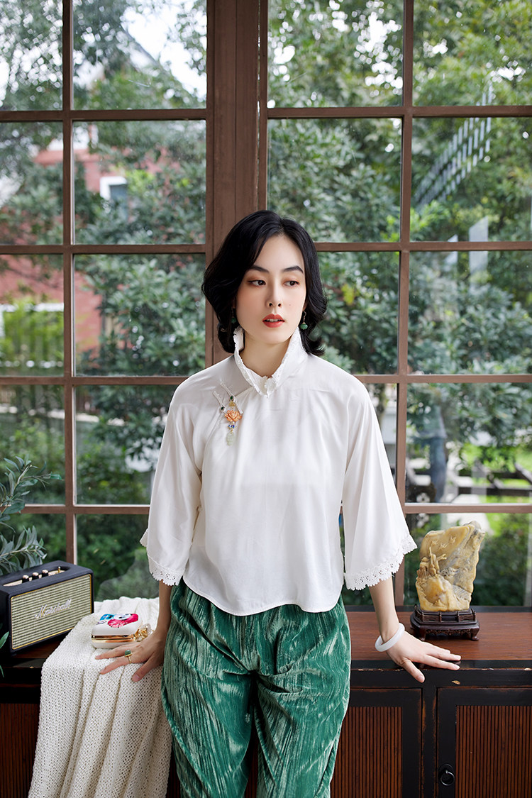 复古pcy819女王还是公主丨凤仙领蕾丝丝边中式上衣