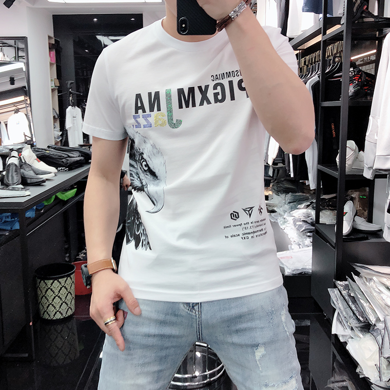 男士白色圆领烫钻圆领短袖T恤2022夏季新款冰丝潮流体恤上衣男装