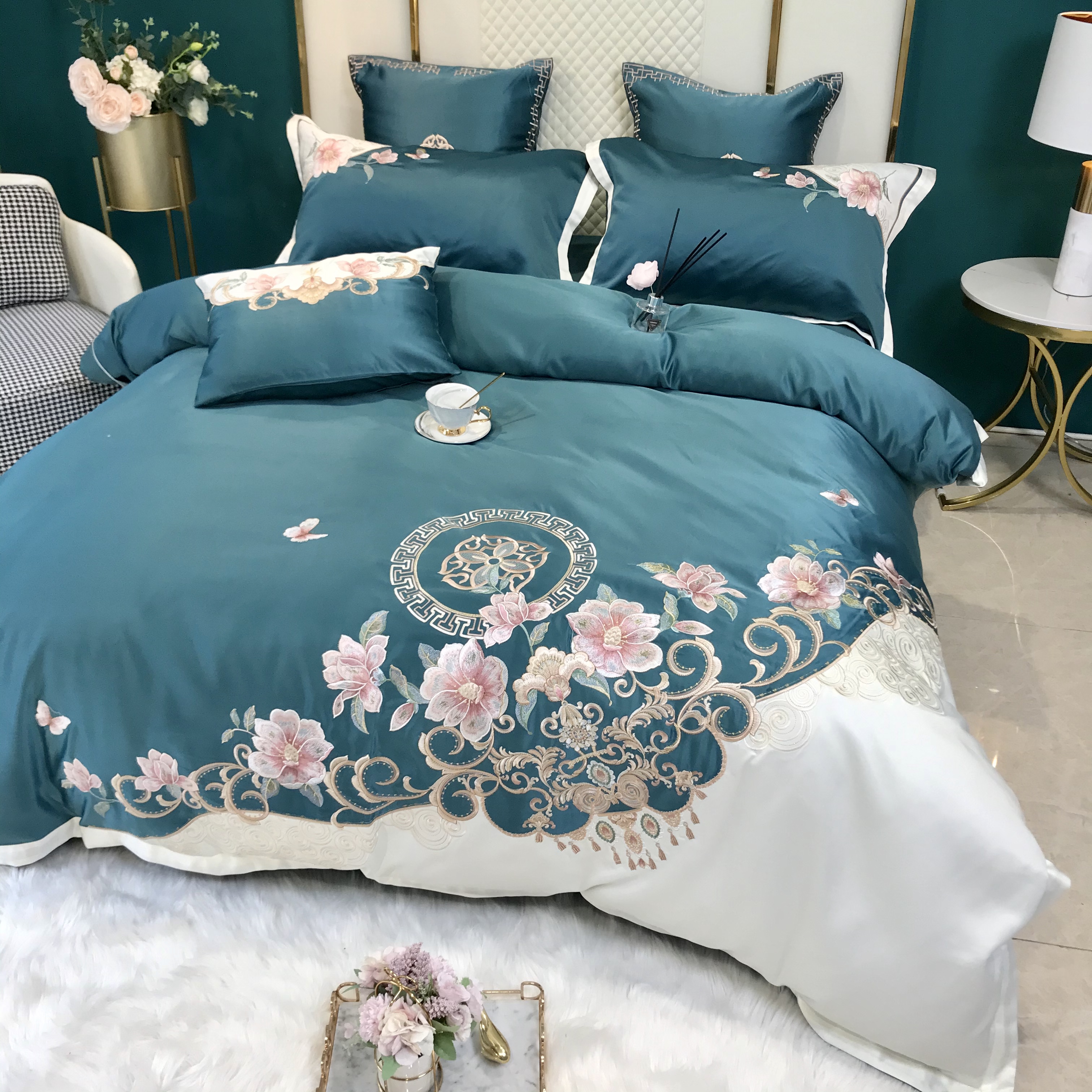 高档欧式水洗真丝刺绣被套四件件套少女心纯床品套件