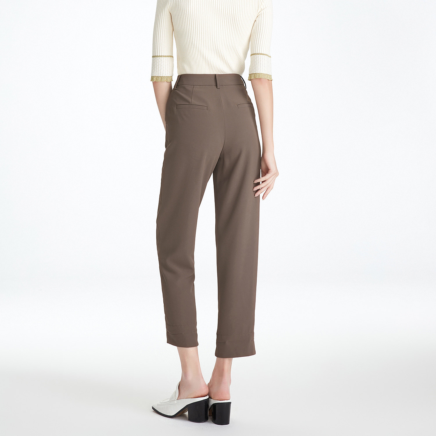 爱居春秋穿搭女装裤子通勤风可翻边脚小袋装饰休闲裤