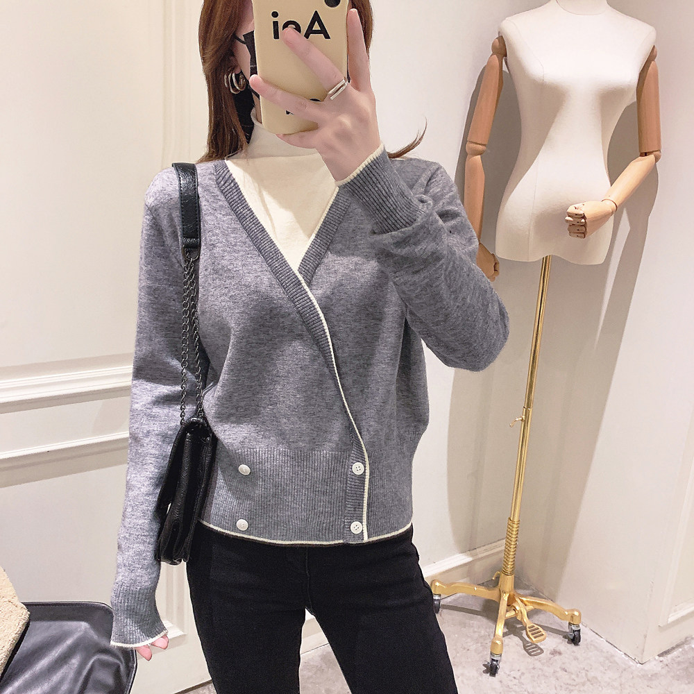 毛衣新款2020爆款女装韩版时尚半高领假两件温柔风束腰针织衫上衣