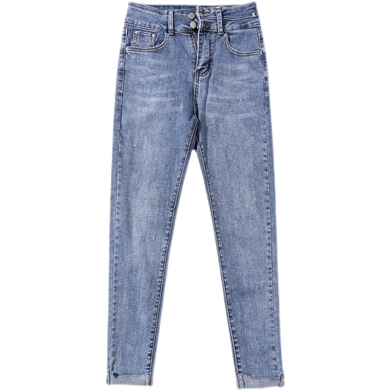 施雅夏季高腰紧身全棉牛仔裤深色不规则剪裁挽脚牛仔裤