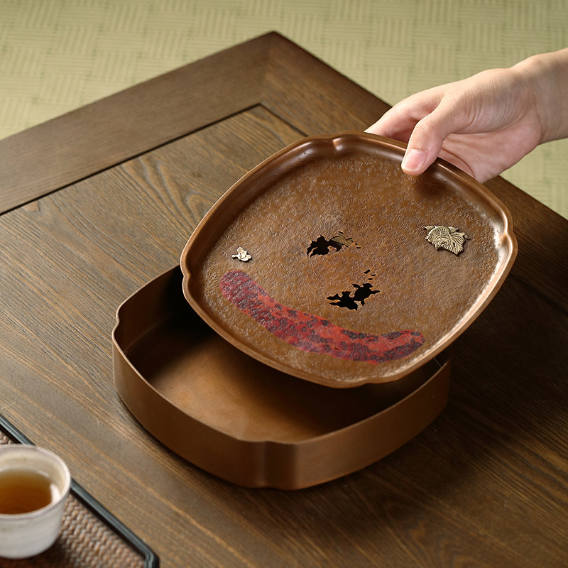 好茗天纯铜壶承手打锤纹紫砂养壶干泡茶台金属储水茶盘旅行茶具