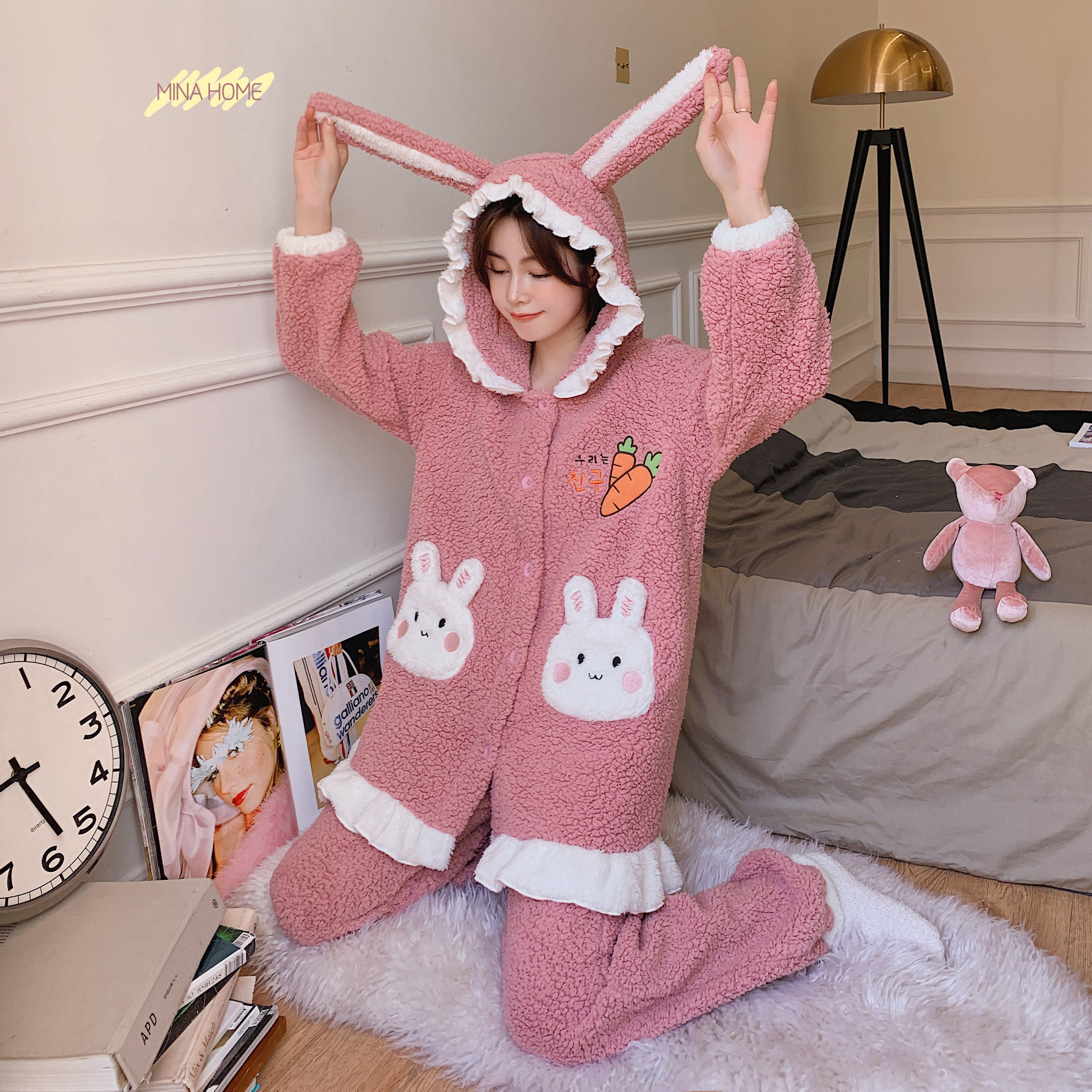 秋冬泡泡加厚睡衣小兔子胡萝卜家居服可爱可爱兔兔耳朵睡衣