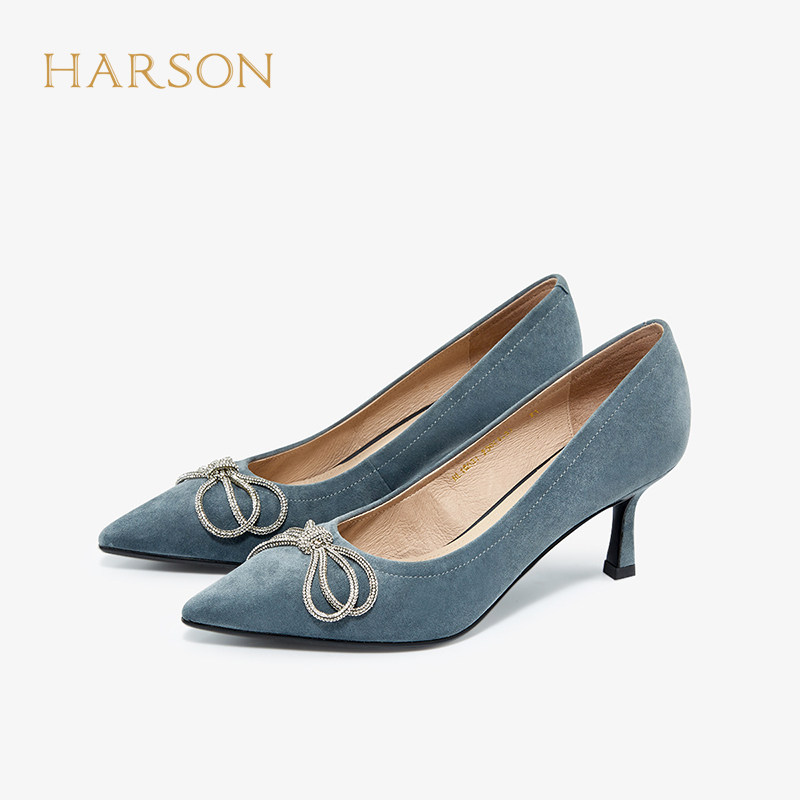 哈森2021秋季新款高跟鞋女细蝴蝶结尖头浅口百搭单鞋