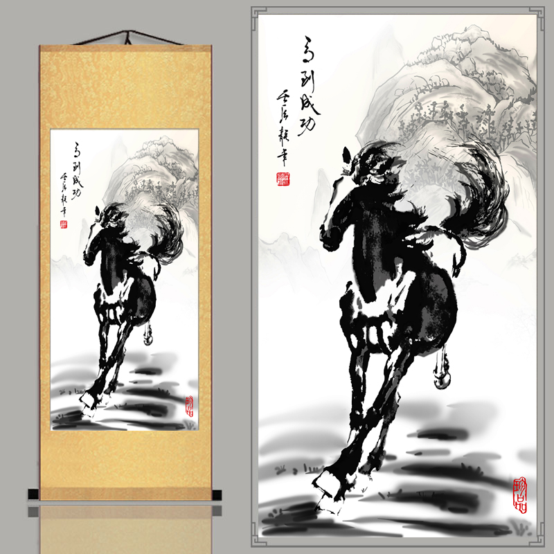 国画装饰画真迹字画马字画八骏徐悲鸿办室客厅挂画国画