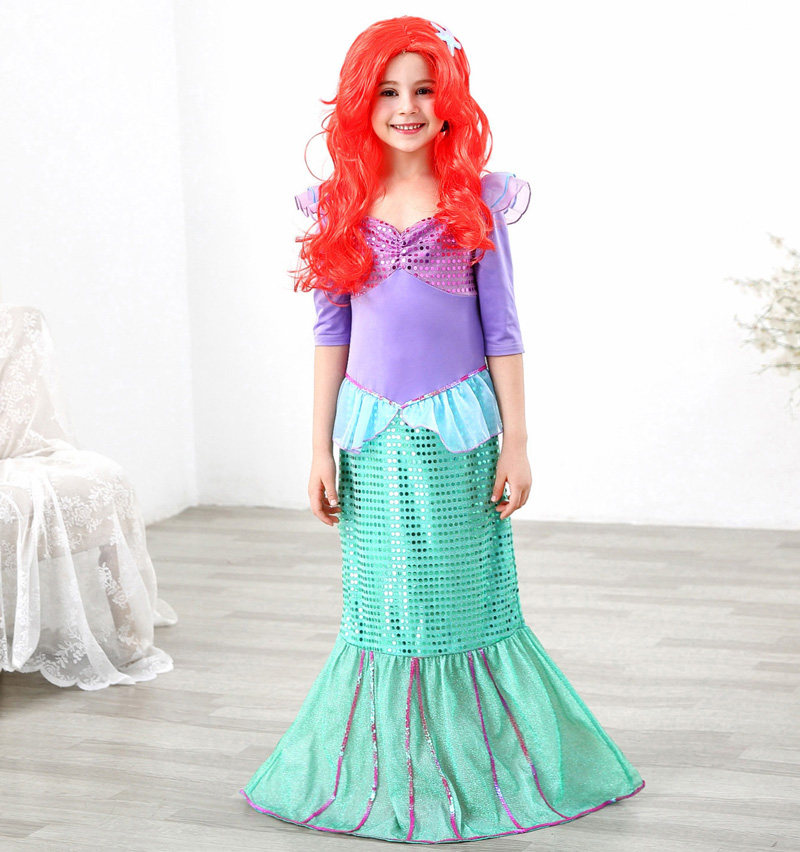 美人鱼长袖连衣裙女童公主礼服小童幼儿园表演走秀鱼尾连衣裙