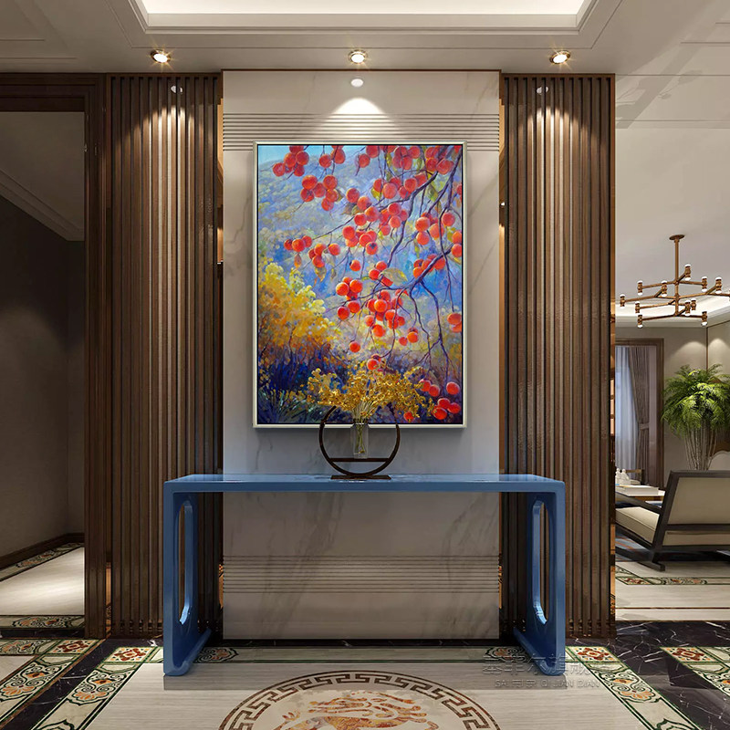 新中式手绘油画玄关竖版过道走廊美式客厅装饰画餐厅手工挂画壁画