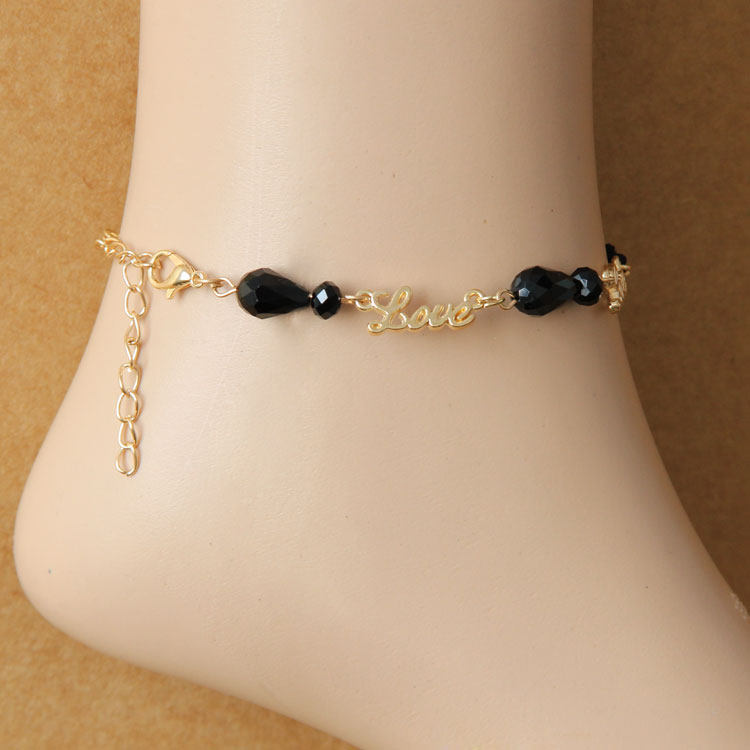 饰品原创黑水晶色雪花蕾丝love字母脚链日本脚链