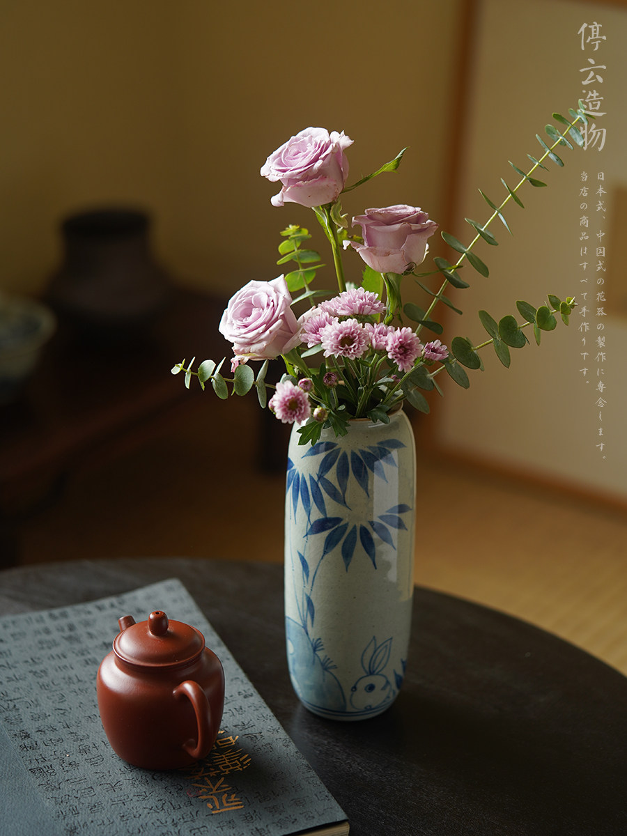花瓶复古陶瓷日式插花手工手绘青花瓷中式摆件花瓶