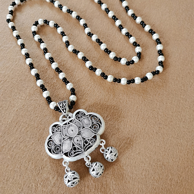 时来运转花朵流苏吊坠挂件藏银复古四方来财民族风毛衣链长款项链