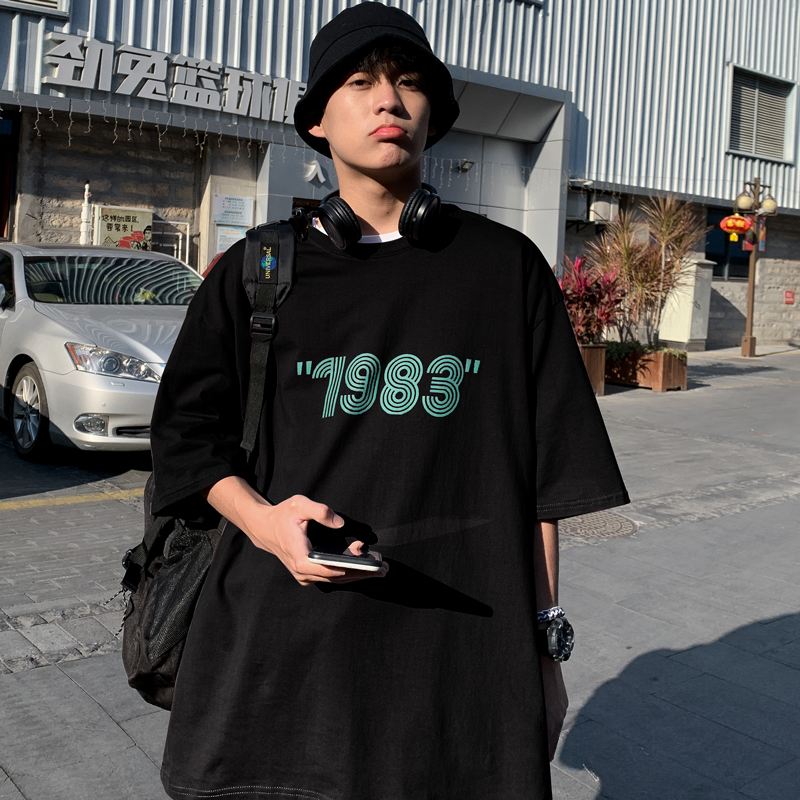 短袖T恤男夏季潮牌ins港风五分袖上衣服痞帅宽松潮男炸街半袖体恤