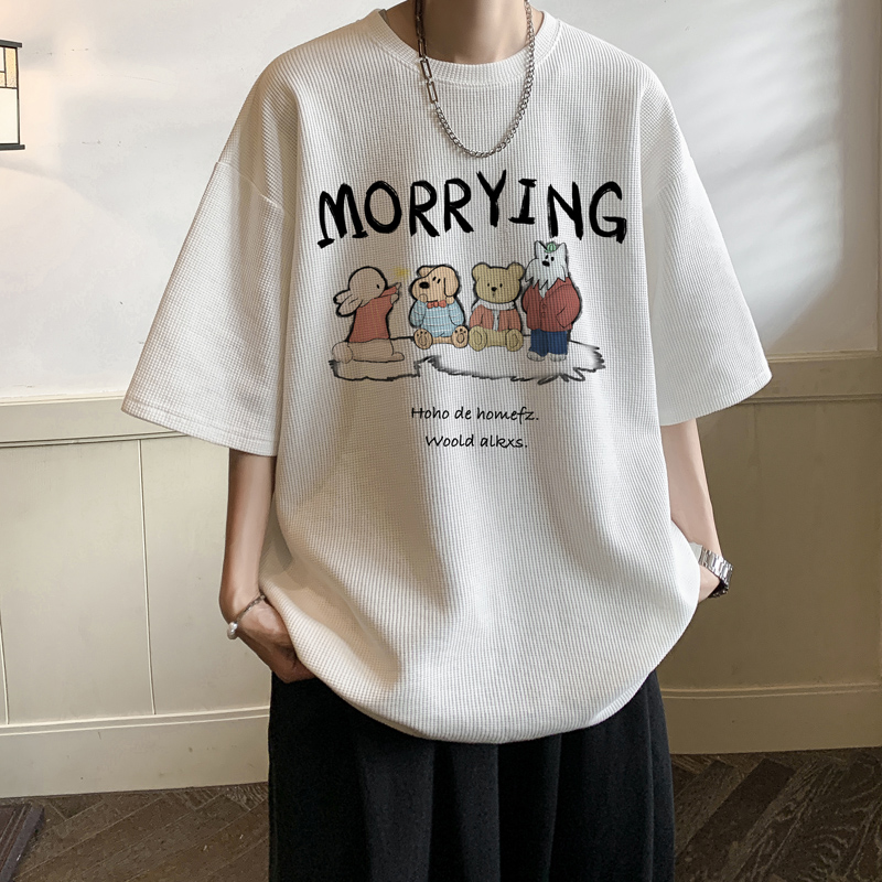 华夫格短袖t恤男夏季港风大码宽松五分半袖衣服美式重磅潮牌体恤