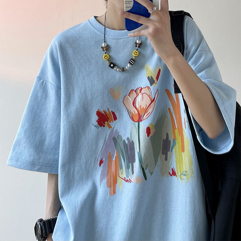 t恤男短袖夏季潮牌涂鸦原创设计感2022正肩宽松纯棉衣服美式重磅