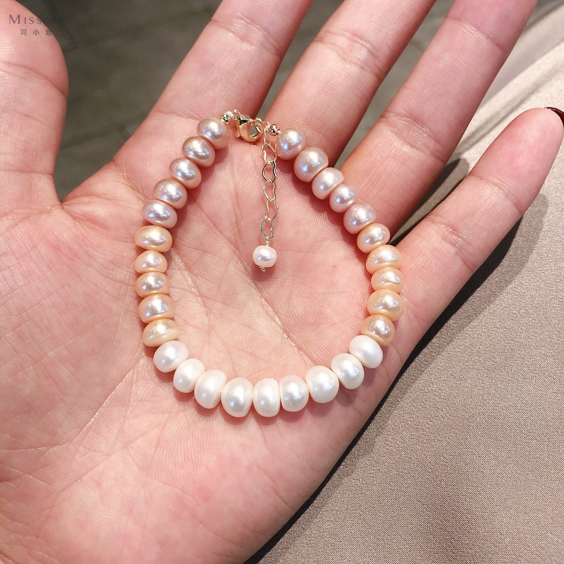 韩国韩版淡水珍珠三色渐变手链可调调节手串手链