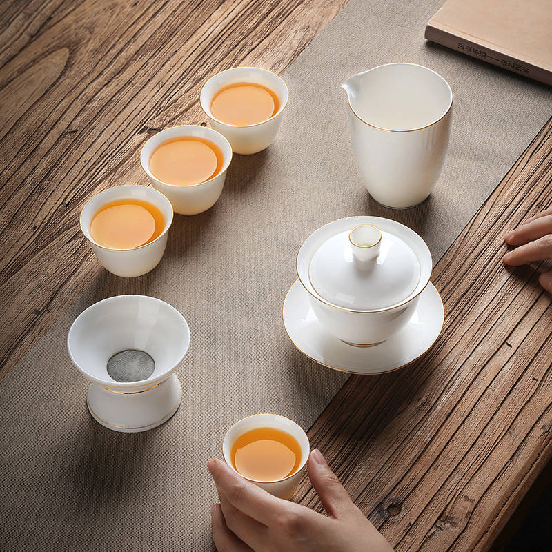 高档泡茶盖碗茶盖碗羊脂会客办公室轻奢白瓷中式功夫茶具