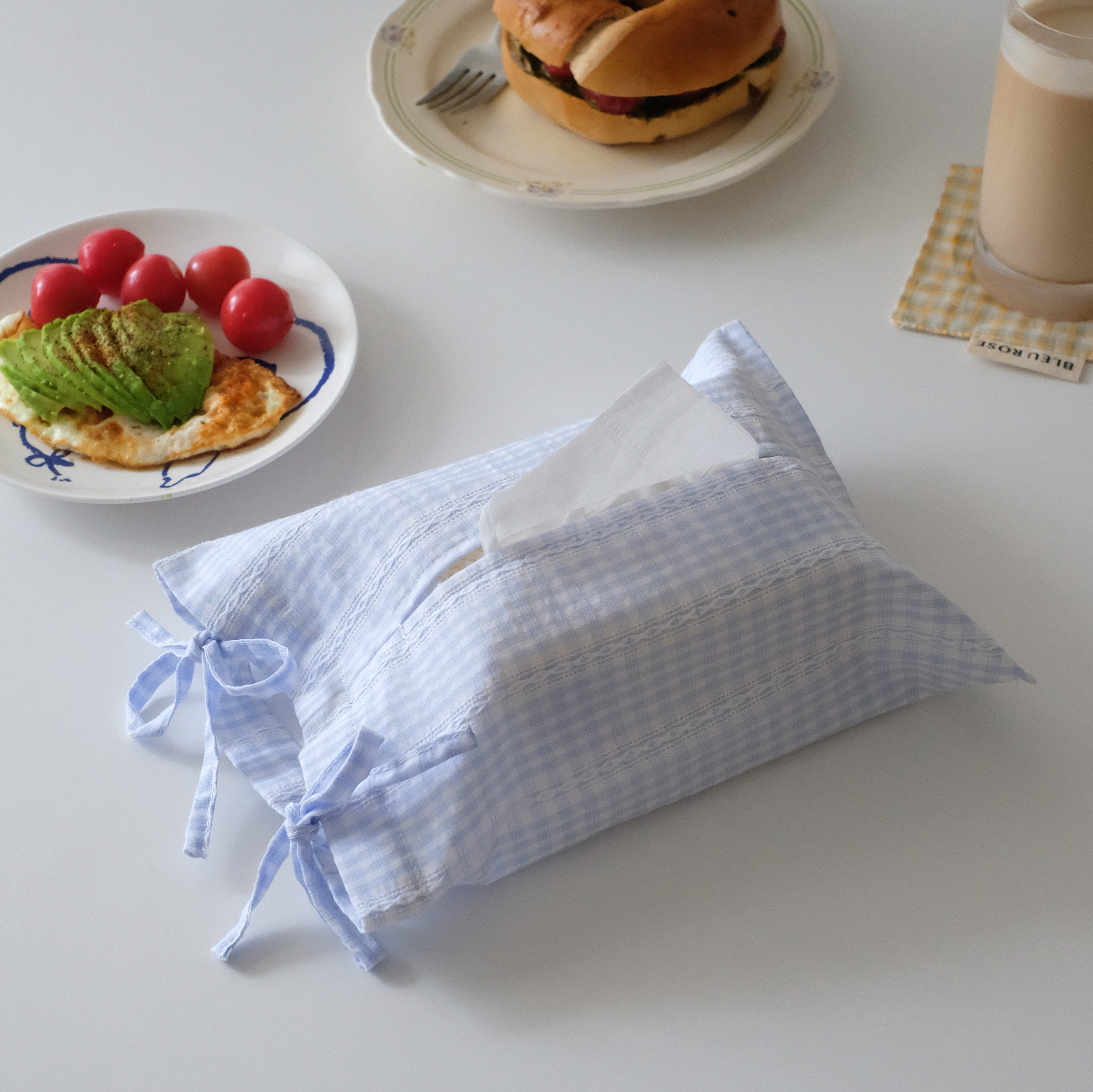 bleu et rose【蓝粉】原创日系蝴蝶结纸巾收纳包双层格纹纸巾袋