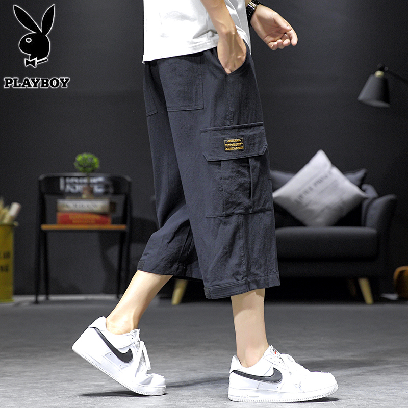 花花公子工装裤子男夏季薄款潮流宽松八分休闲夏外穿短裤男七分裤