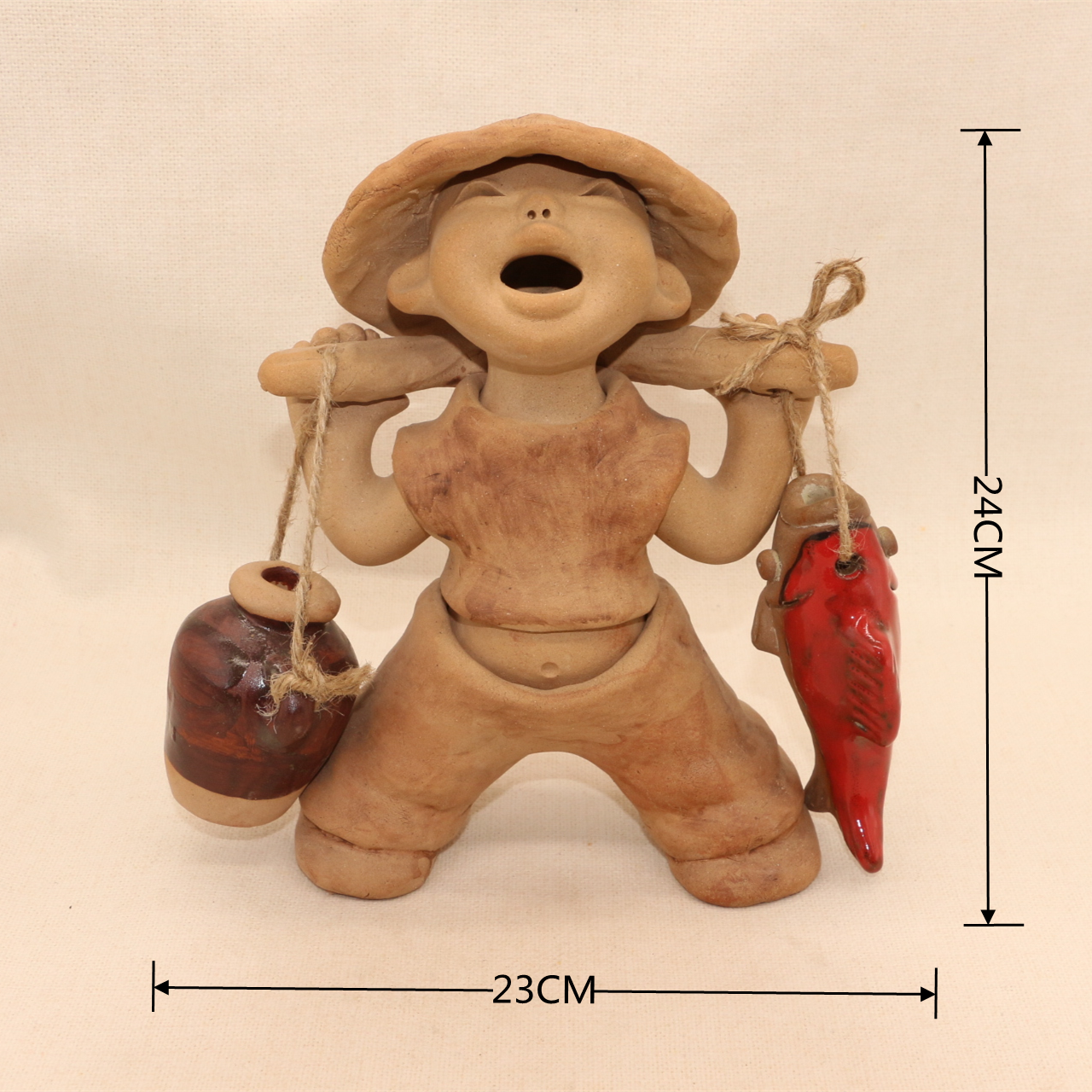 手工陶艺泥人陶土人物陶瓷娃娃陶人摆设挑水挑担泥人