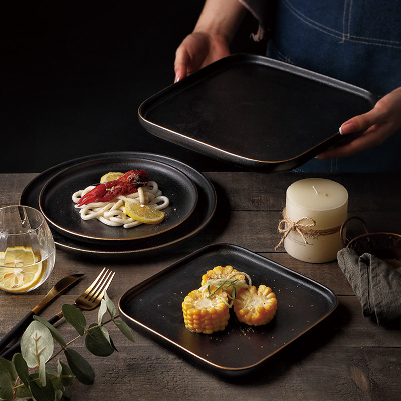 盘子餐盘黑色磨砂牛排西餐家用创意牛扒盘早盘