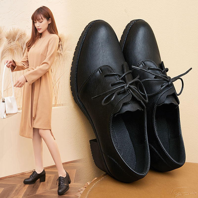 真皮皮鞋女高高跟冬季英伦风加绒搭配黑色舒适单鞋