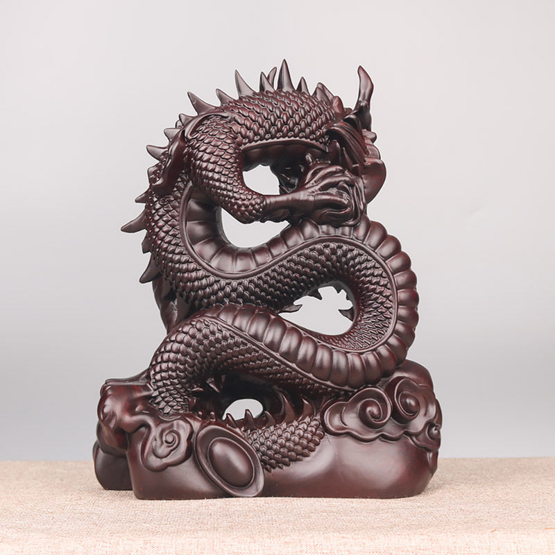 檀木盘龙卧虎摆件老板领导办公室桌面木雕雕龙乔迁木雕