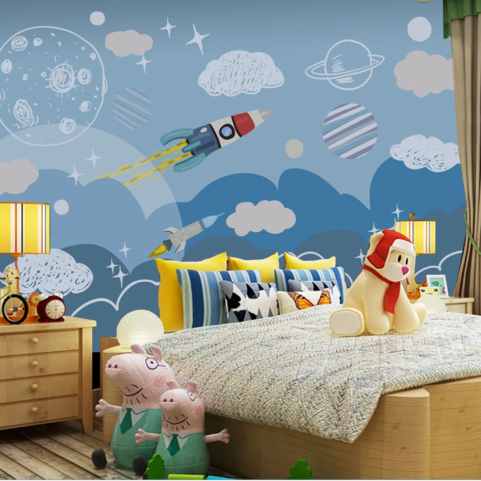 环保儿童房壁纸3d女孩男孩男童卡通太空星球卧室墙纸海洋壁画墙布