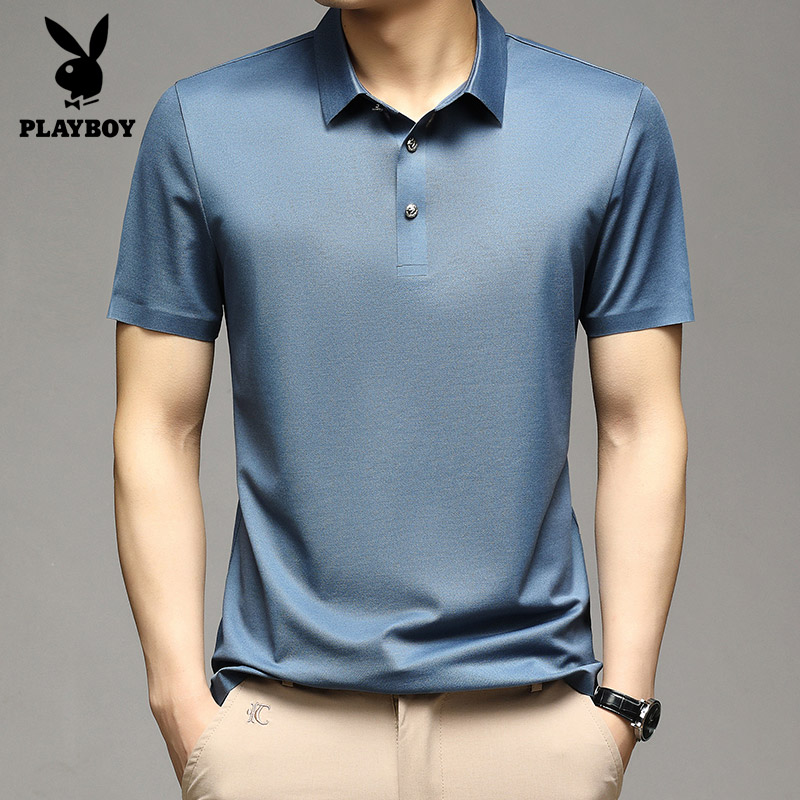 花花公子高端桑蚕丝男士t恤短袖中老年夏装爸爸装纯色冰丝Polo衫