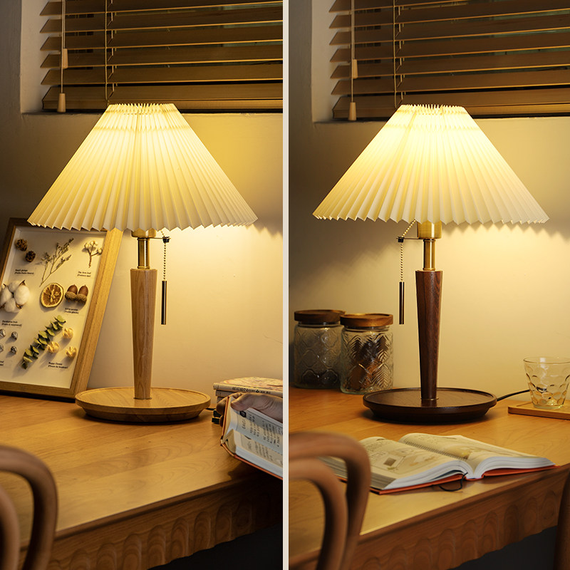 台灯复古实木百褶拉绳卧室床头头灯客厅装饰装饰台灯