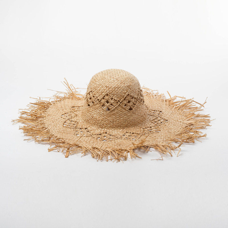 草帽春夏新款手编花纹镂空系绳大檐拉菲拉菲草帽子