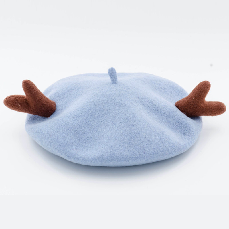 采悠鹿角贝雷帽羊毛呢鹿角画家帽圣诞鹿角帽子秋冬保暖帽子