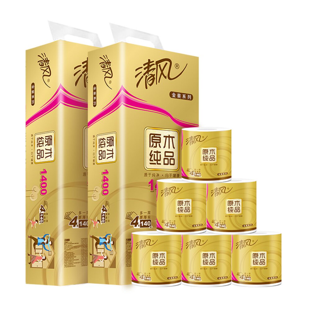 清风卷纸原木金装4层140克20卷有芯卷筒家用卫生纸巾家庭装