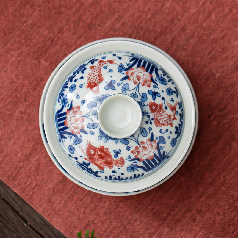 苏氏陶瓷三才盖碗国潮青花红鲤鱼功夫茶泡茶茶碗礼盒盖碗