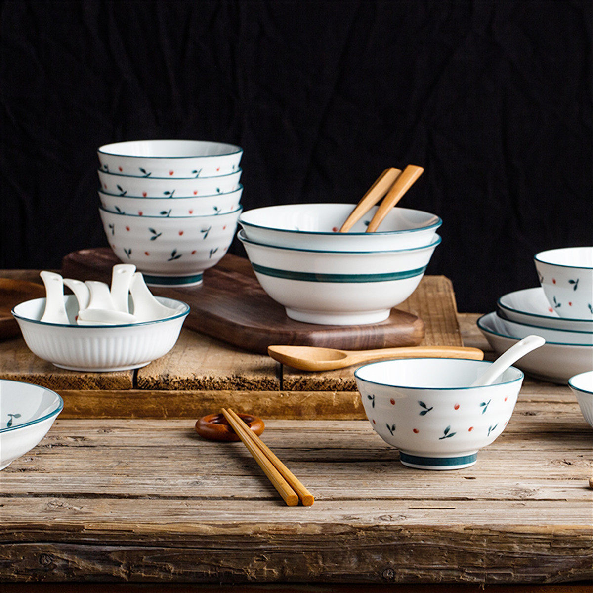 20件套亿嘉清新家用陶瓷碗碟碗盘套装