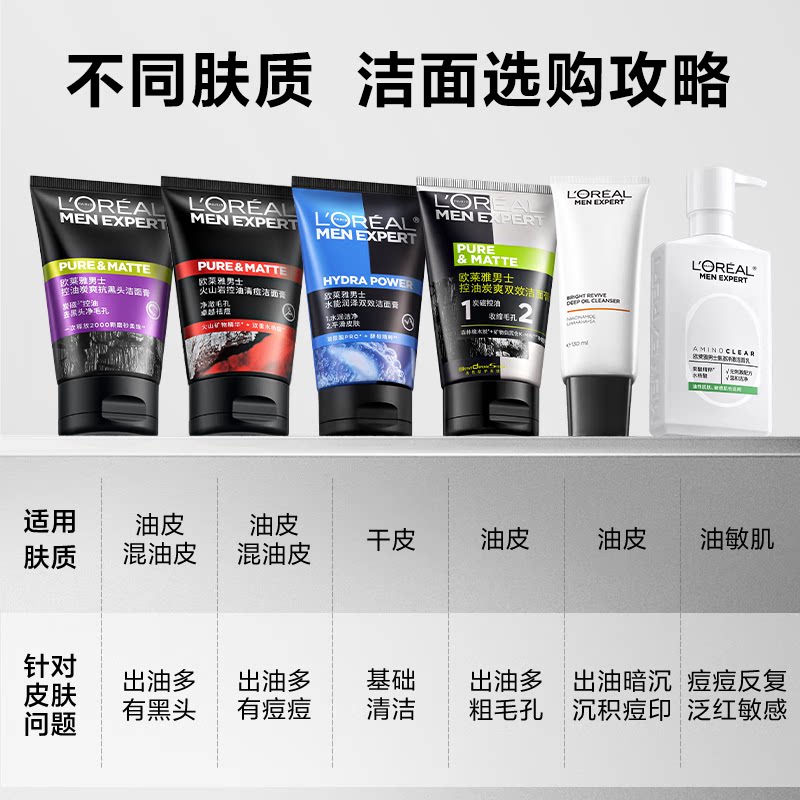 欧莱雅男士水能润泽双效洁面膏补水保湿清爽清洁控油洗面奶100ml