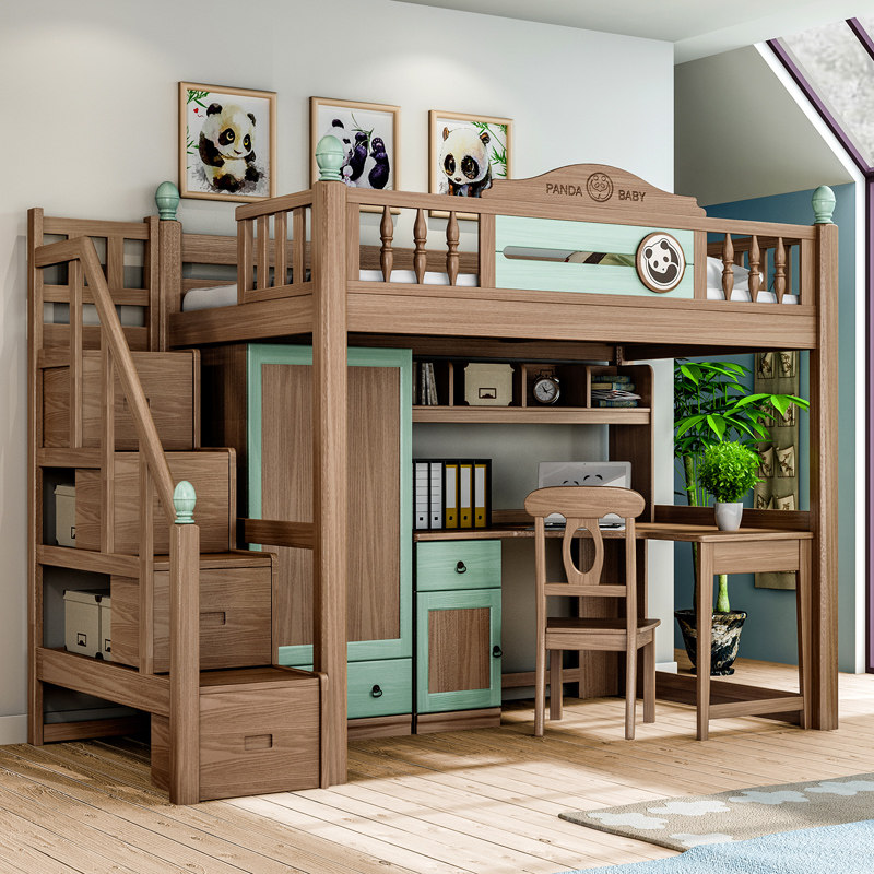 实木儿童衣柜上下床多功能组合床下高低床带书桌高低
