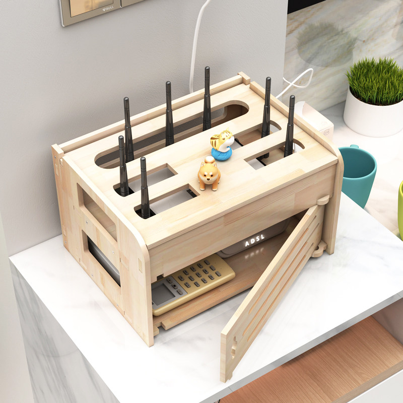 实木路由器收纳壁挂wifi机顶盒桌面置物架猫插排电线路由器收纳盒
